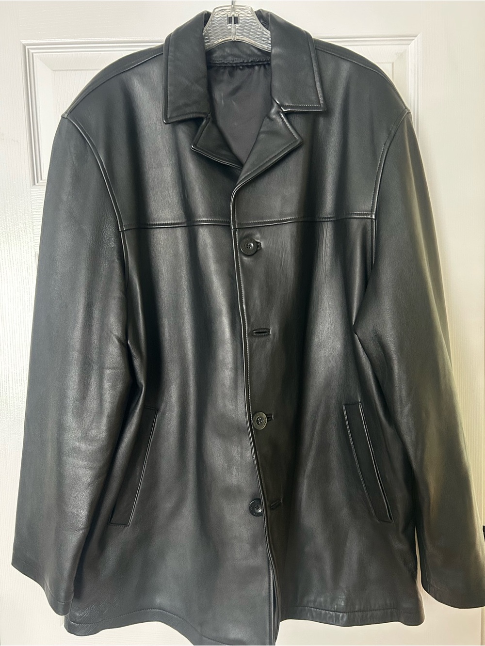 Men's Black Leather Button-Front Coat